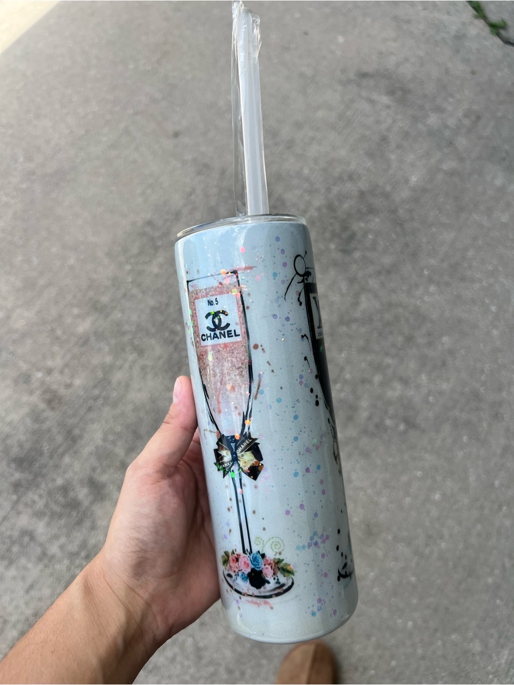 Designer stainless steel Glitter Tumbler with Clear Straw